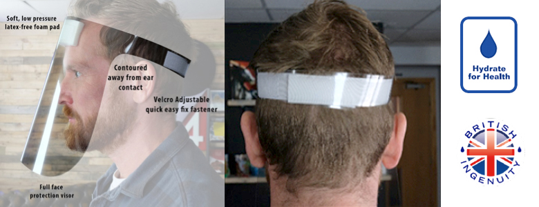 A PPE Face Visor placed over a man's head showing visor placement